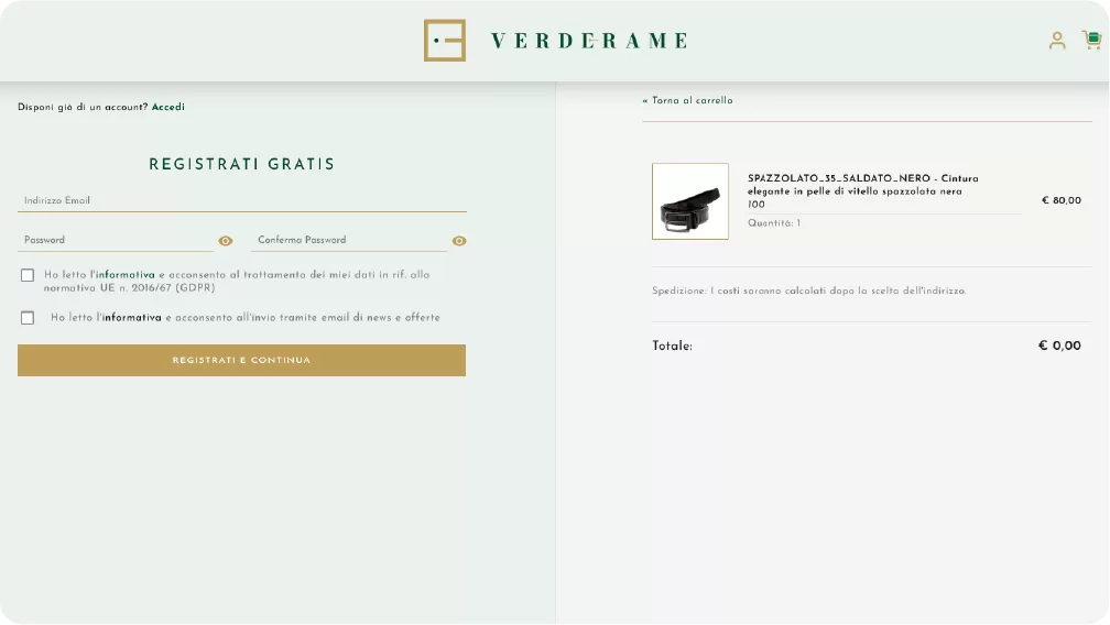 Nuovo sito ECOMMERCE cinture VERDE-RAME by IDlab